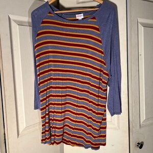 LulaRoe Randy Red, Yellow, and Blue/Grey Striped Shirt Size 2XL